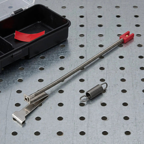 2 Pcs Binding Tool Replacement Pusher Pins And Springs Kit, Durable Metal Parts For Branch And Veg Tying Machines, Easy Maintenance, Fits A Wide Range Of Tying Tools, Includes Tape Tool Staples And Pusher Pins, metal spring and red pusher pin on workbench