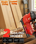 Heavy Duty 18 Gauge Cordless Brad Nailer And 2 Inch Electric Stapler Works With Milwaukee 18 V Battery displaying two nailing modes on wooden boards.