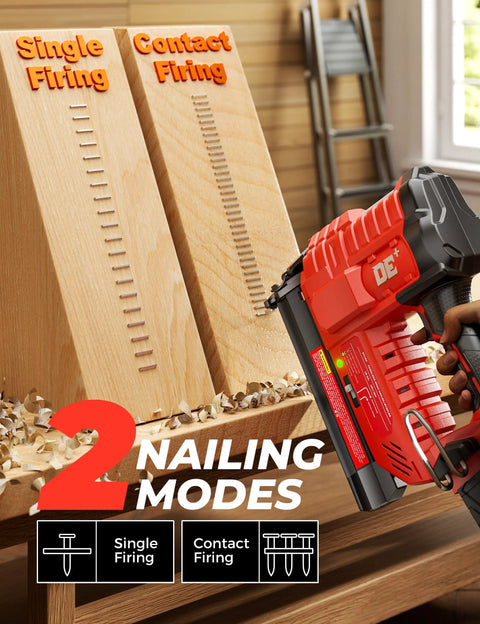 Heavy Duty 18 Gauge Cordless Brad Nailer And 2 Inch Electric Stapler Works With Milwaukee 18 V Battery displaying two nailing modes on wooden boards.