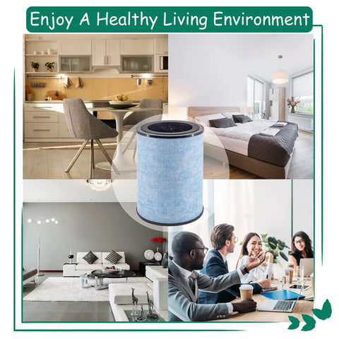 Collage showing Air Purifier Filter Replacement For Instant AP300 3 In 1 H13 True HEPA in various indoor settings