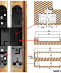 Hidden Door Hinge Kit For Secret Doors With 3 Way Adjustable Concealed Hinges, Zinc Alloy, Black Finish, diagram and measurements