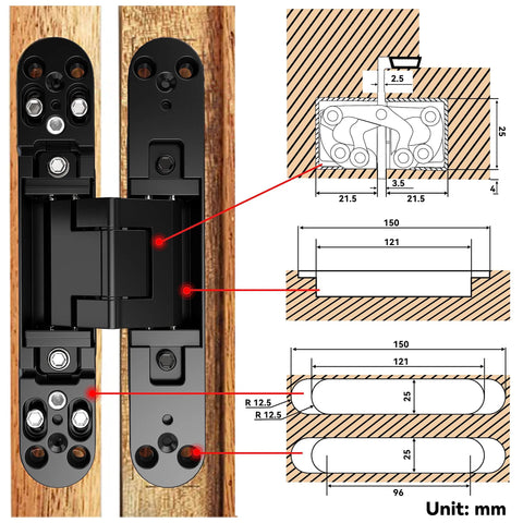 Hidden Door Hinge Kit For Secret Doors With 3 Way Adjustable Concealed Hinges, Zinc Alloy, Black Finish, diagram and measurements