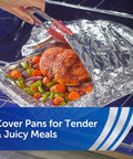 Heavy Duty Aluminum Foil Roll, 12 Inch Wide, 130 Sq Ft, Thick Foil For Grilling, Roasting, And Food Prep covering roasted chicken and vegetables in oven