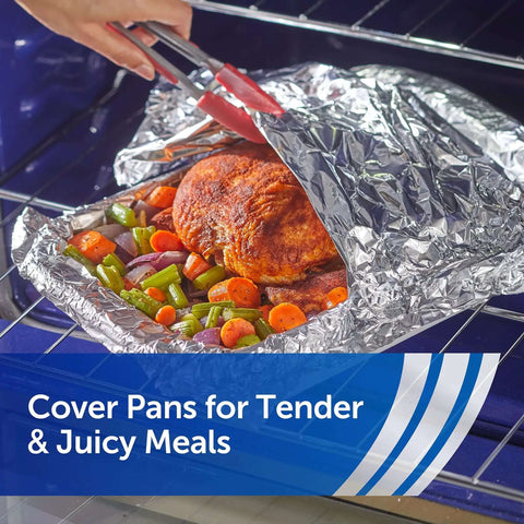 Heavy Duty Aluminum Foil Roll, 12 Inch Wide, 130 Sq Ft, Thick Foil For Grilling, Roasting, And Food Prep covering roasted chicken and vegetables in oven