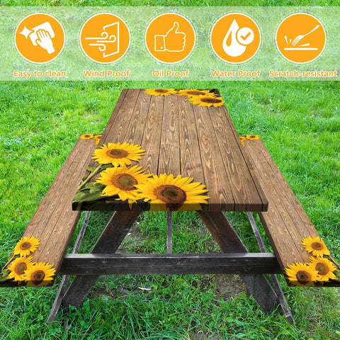 Sunflower Themed 6Ft Picnic Table Cover With Elastic Bench Covers Waterproof Fitted Tablecloths Wood Grain Outdoor Gear For Camping No Fuss Grilling 3 Piece Set on picnic table with sunflower design.