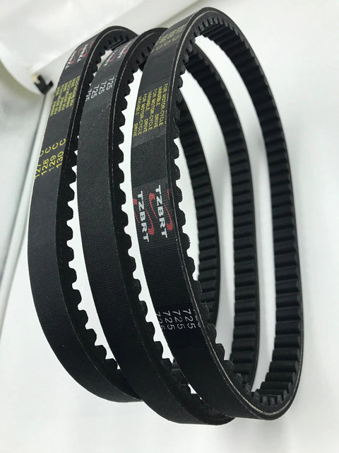 Close-up of 3 Piece Kevlar Go Kart Torque Converter Belt Set 725 Drive Belts for 30 Series Asymmetrical Three Quarter Inch Wide