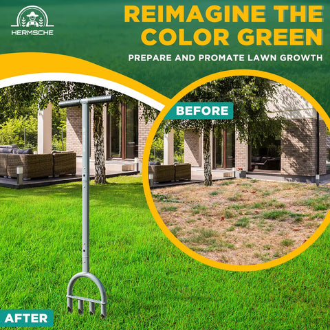 Manual Lawn Aerator Core Plug Tool with Slope Top Four Tine Slots for Lawn Aeration in garden setting, before and after view.
