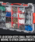 VersaStack 20 Compartment Small Parts Organizer With Removable Dividers, clear rugged polycarbonate lid, filled with screws and bolts.