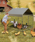 Walk-In Chicken Coop With Run 120x40x40 Inch Outdoor Backyard Poultry Pen with child and chickens inside, galvanized steel frame