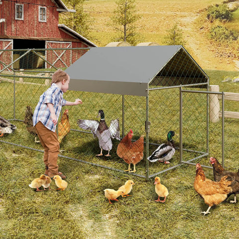 Walk-In Chicken Coop With Run 120x40x40 Inch Outdoor Backyard Poultry Pen with child and chickens inside, galvanized steel frame