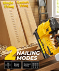 Tough 18 Gauge Cordless Brad Nailer And Stapler Pair showing single and contact firing modes on wood surface.