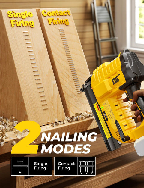 Tough 18 Gauge Cordless Brad Nailer And Stapler Pair showing single and contact firing modes on wood surface.