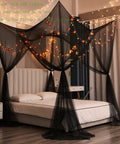 Black Bed Canopy With Mosquito Net For Full Queen And King Size Beds Indoor Or Outdoor Use Easy Access Four Openings All Around Protection From Insects Modern Gothic Halloween Decor Curtains For Bedroom Or Patio installed over bed with string lights