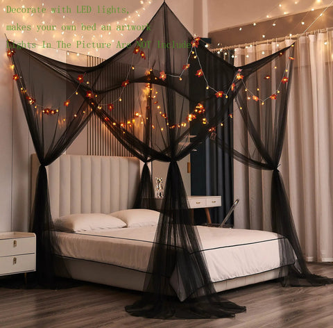 Black Bed Canopy With Mosquito Net For Full Queen And King Size Beds Indoor Or Outdoor Use Easy Access Four Openings All Around Protection From Insects Modern Gothic Halloween Decor Curtains For Bedroom Or Patio installed over bed with string lights