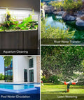Aquarium, river, pool, and lawn illustrating uses for 115V Water Transfer Pump One Tenth HP 330 GPH Portable Utility Pump With Hose Kit