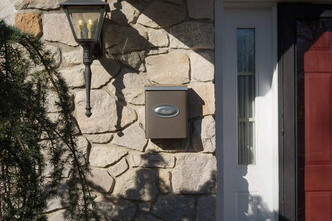 Designer Locking Mailbox In Bronze With Satin Nickel Accents, Rugged Galvanized Steel, Weatherproof Powder Coating, Medium Capacity To Stash Days Of Mail, Includes Optional Decorative Mail Emblem For Curbside Security And Style