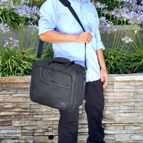 Person carrying Grab And Go Console Carrying Case For Xbox Series S, Xbox One, And Xbox 360, green ripstop exterior