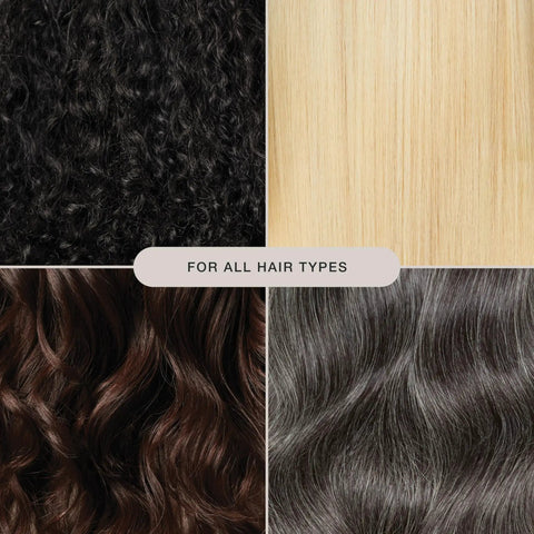 Four hair types collage for Express Ion Aluminum Round Brush For Blow Drying All Hair Types Large Vented Barrel With Corkscrew Vegan Bristles