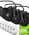 Cross Back Dust Mask With Six Activated Carbon Filters for Woodworking Construction shown with masks, filters, and packaging