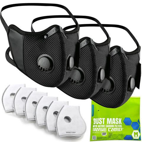 Cross Back Dust Mask With Six Activated Carbon Filters for Woodworking Construction shown with masks, filters, and packaging