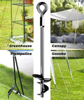 15 Inch Ground Anchors Screw In For Heavy Duty Wind Protection Ideal For Sheds Tents Gazebos Swing Sets Trampolines Carports And Hurricane Tie Downs With Widened Spiral Blades For Maximum Stability shown for holding greenhouse, canopy, trampoline, gazebo.