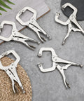 Five 6-inch C clamp pliers with swivel pads on a textured surface, part of a 12 Piece Heavy Duty C Clamp Locking Pliers Set 6 Inch Vise Grip With Swivel Pads Adjustable Welding Pliers For Shop Work Woodworking Cabinetry Auto Repair Home And Farm Projects.