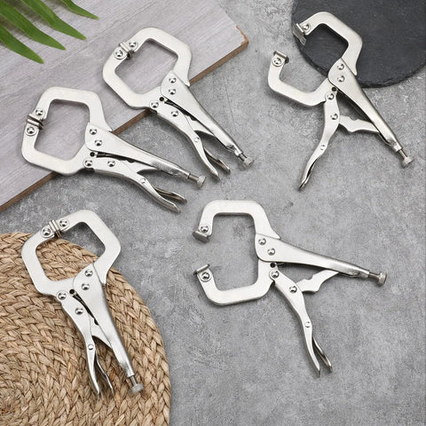 Five 6-inch C clamp pliers with swivel pads on a textured surface, part of a 12 Piece Heavy Duty C Clamp Locking Pliers Set 6 Inch Vise Grip With Swivel Pads Adjustable Welding Pliers For Shop Work Woodworking Cabinetry Auto Repair Home And Farm Projects.
