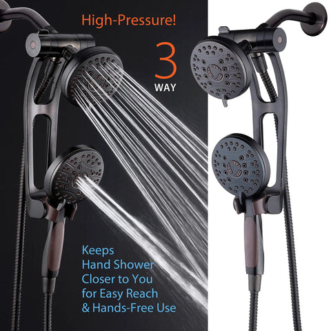 High Pressure 48-Mode Luxury 3-Way Shower System With Adjustable Extension Arm, Dual Rain And Handheld Heads, Bronze Finish