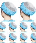 10 Pack Blue Antidust Breathable Mesh Hair Caps With Slick Elastic Edges For Top Shelf Static Shielding And Sick Cool Airflow In Cleanrooms Or Workshops, displayed from multiple angles.