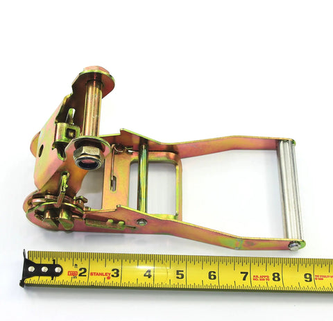 2-inch ratchet mechanism for Beefy 4 Pack Lasso Straps With 2 Inch Ratchets And J Finger Hooks next to a measuring tape.