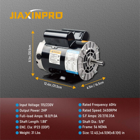 Side view of JIAXINPRO 2HP air compressor motor, dual voltage 115/230V, 56 frame, 5/8-inch shaft, mounted on base