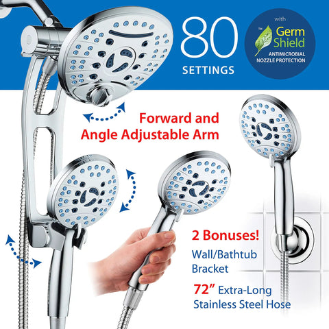 High Pressure Shower Head Combo With Handheld And Rain Head, 8-Setting Handheld, 8-Setting Rain, 3-Way Diverter, Anti-Clog Nozzles