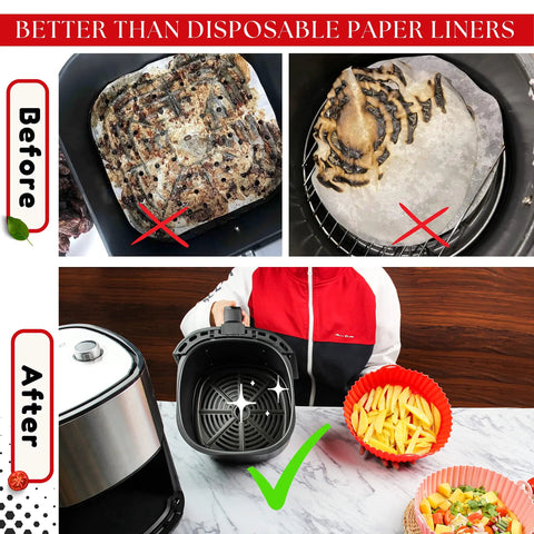 Comparison of dirty paper liners versus clean 3-Pack Silicone Air Fryer Liners 8.5 Inch For 4 To 8 Qt with food shown.