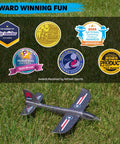 Ultra Durable Foam Airplane Toy For Kids That Flies Fast And High Easy To Throw Glider Plane with award badges on grass