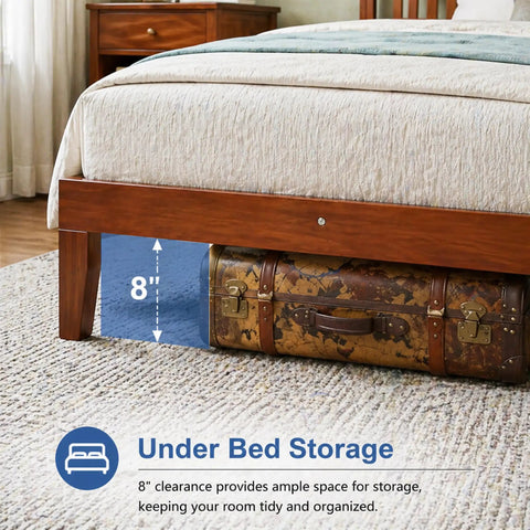 Rock Solid Queen Platform Bed Frame With Attached Brown Wood Headboard And Heavy Duty Pine Slats showing 8" under bed storage with suitcase