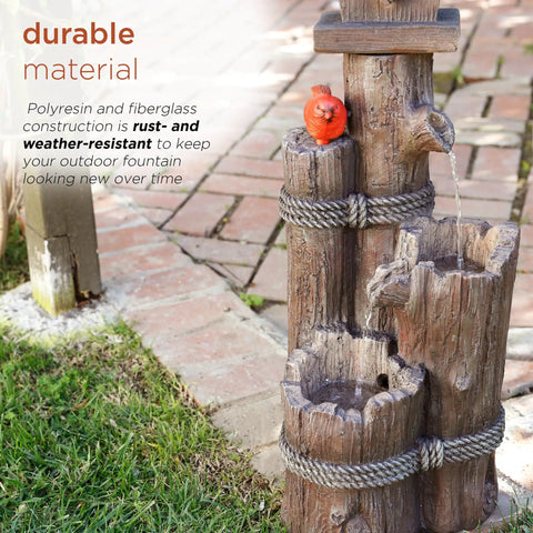 3 Tier Outdoor Birdhouse Water Fountain With Cardinal Accent, rustic brown, polyresin and fiberglass, garden decor