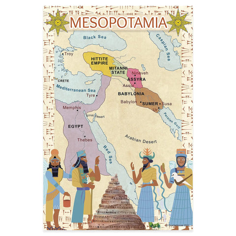 Six Poster Set Of Ancient Civilizations For Social Studies Classrooms, Mesopotamia map with historical regions and figures, 12x18 inch