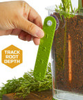 Hand using ruler to track root growth in Edible Veggie Garden Watch It Grow Kit For Kids Kid Friendly A DIY STEM Activity.