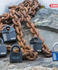 Five Granit Alloy Steel Padlock 37/55 RK KA Keyed Alike models on a chain, showcasing hardened bodies and shackle guards for security.
