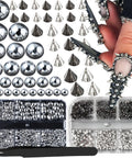 Dope Mini Metal Punk Nail Art Studs Set In Gold And Black, Mixed Sizes With Tweezers And Steel Ball Charms, Diy Nail Jewelry Kit, 6 Grid Organizer For Quick, Precise, Edgy Manis. Silver cone studs and ball charms in organizer, on nails