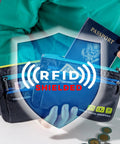 World Travel Essentials Dual RFID Passport And Currency Organizers with colorful zippers, holding passport and cash.