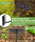 Manual Weeder Tool With 6 Tines Garden Rake and Sharp Blade cultivating soil with 55-inch handle, shown in weeding action.
