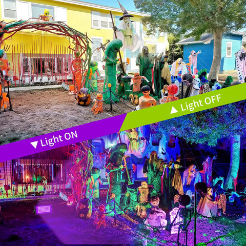50W LED Black Lights With Switch And Plug Two Pack IP66 Waterproof For Indoor And Outdoor Glow Creates Realistic Fluorescent Effects With 385 To 400 Nanometer Light Party Ready Glow For Parties Venues And Home Rooms Up To 10x10 Feet, shown in outdoor Halloween yard