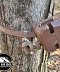 Universal Trail Camera Mount With Standard Camera Thread And 360 Degree Leveling Plus 180 Degree Tilt No Sweat Strap Rig for tough hunts attached to a tree.