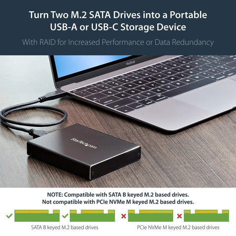 Dual Slot M.2 Sata Raid Enclosure Usb 3.1 10Gbps External Drive Holder For 2230 2242 2260 2280 Modules next to a laptop.