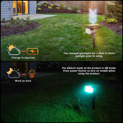 Lit Color Changing RGB Solar And USB Powered Outdoor Landscape Lights With 40 LEDs in garden during day and night modes.