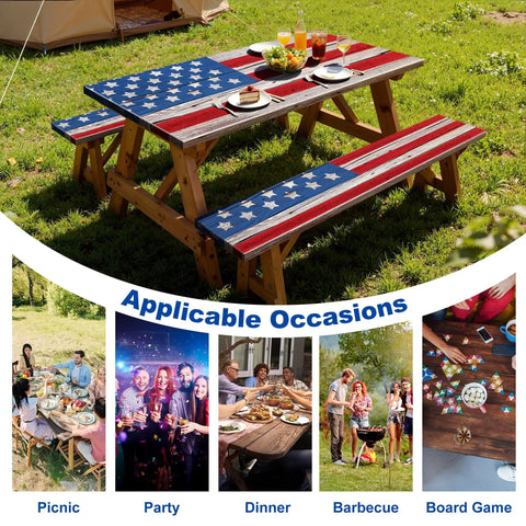 American Flag Picnic Table Cover Set With Bench Covers For 72 By 30 Inch Tables And 72 By 12 Inch Benches Waterproof Windproof
