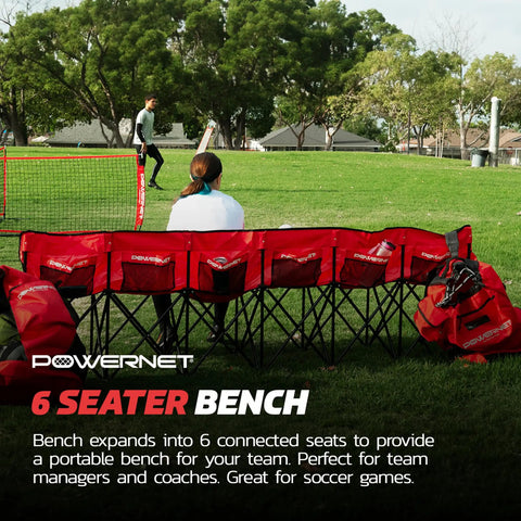 Six Seater Team Bench Folding Chair With Backpack Carry Bag for outdoor sports setup on grass field.