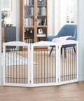 Freestanding Wire And Wood Pet Gate For Dogs, 60 Inches Wide By 30 Inches Tall, 3 Panels, White, in living room doorway