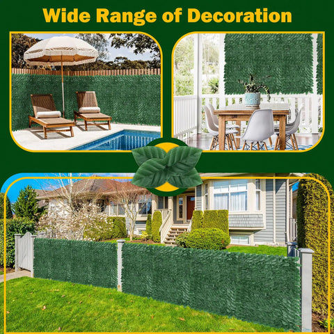 Dense Green Ivy Privacy Fence Screen 120x40 Inch used around pool, patio dining area, and garden for privacy backdrop.